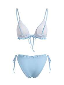 Women 2-Piece Swimsuits Cute Ruffles Tie Front Bikini Bra And Side Drawstrings Thong Sets For Bathing Suit - Blue - View 8