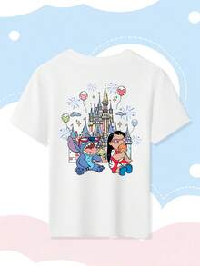 [Authorized] Stitch And Lilo Castle Print Disney Girls' Summer Round Neck Casual T-Shirt For Children, Slightly Stretchy Fabric, Suitable For Birthday Gifts, Ideal For Daily Activities, Sports, And Travel, Summer T-Shirts For Girls - trắng - Xem 3