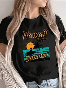 Women's Soft 100% Cotton Hawaiian Short Sleeve T-Shirt - Beach Tee With Vibrant Sunset Palm Tree Print, Crew Neck, Casual Vacation Style With Hawaiian Design, Machine Washable, Suitable For Vacation Wear, Resort Outfits, And Everyday Hawaiian Style. Breathable Cotton Tee, Goes With Everything. - 白色 - 查看 6
