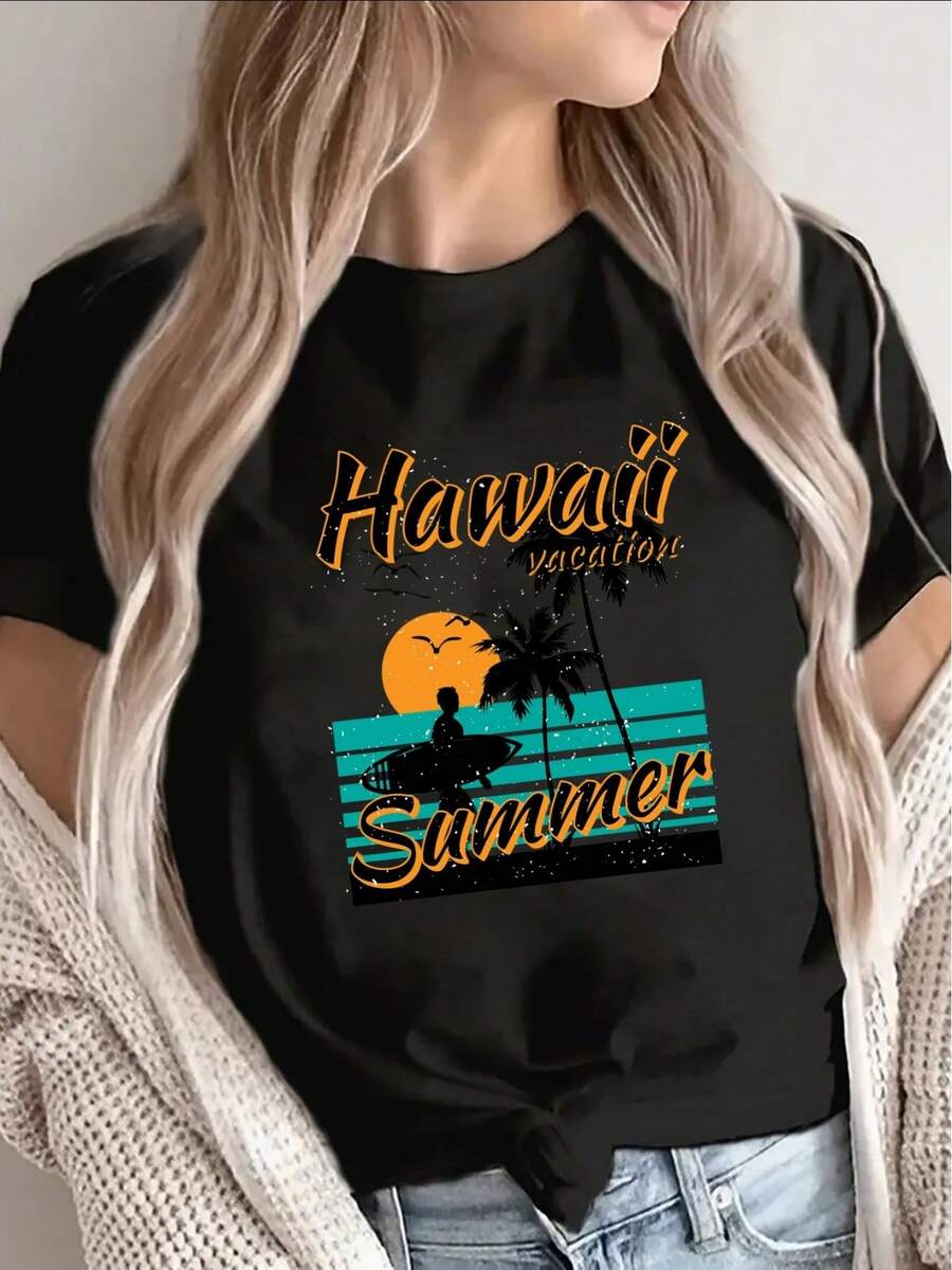 Women's Soft 100% Cotton Hawaiian Short Sleeve T-Shirt - Beach Tee With Vibrant Sunset Palm Tree Print, Crew Neck, Casual Vacation Style With Hawaiian Design, Machine Washable, Suitable For Vacation Wear, Resort Outfits, And Everyday Hawaiian Style. Breathable Cotton Tee, Goes With Everything. - 黑色 - 查看 1