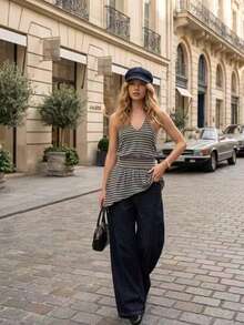 Camisole sans manches à rayures avec ourlet asymétrique pour femmes - Débardeur décontracté ajusté à la taille, convient pour le port quotidien décontracté en été - Gris - Voir 4