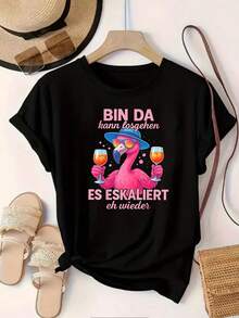 Camiseta de Mujer con Frase "BIN DA Kann Losgehen" - Blusa Casual de Manga Corta y Cuello Redondo con Texto para Atuendos Informales y de Idioma - Cómoda y Lavable a Máquina - Negro - Ver 6