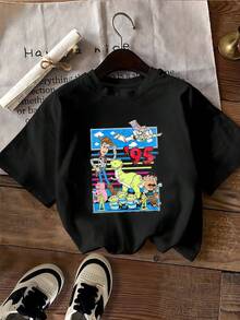 Gráfico colorido que muestra personajes animados clásicos de aventuras y amistad con fondo retro del año 1995 lleno de energía y nostalgia camiseta de mujer  cómoda casual para uso diario - Negro - Ver 2