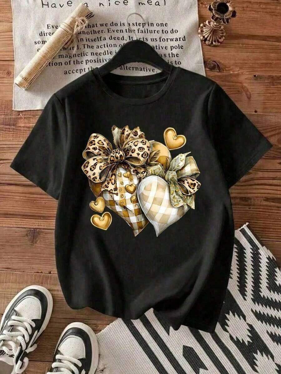 Playera Blanca de Mujer con Gráfico de Corazón de Leopardo y Letras LOVE, Camiseta de Estilo Boho Retro Aesthetic Manga Corta, Top Romántico Moderno, Blusa Casual de Moda EGNC - Verde militar - Ver 1