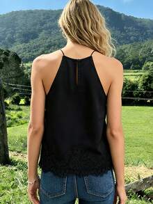 Women's Halter Neck Satin Tops Sleeveless Lace Trim Loose Fit Cami Tops Summer Shirts - Negro - Ver 6