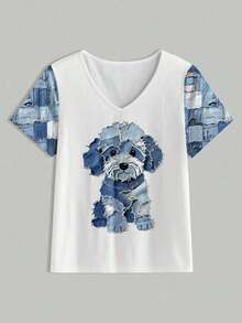 Camiseta Personalizada con Estampado Gráfico de Perro Estilo Patchwork Vintage, Top Minimalista de Manga Corta y Cuello Redondo para Mujer, Adecuada para Uso Diario - Camiseta de Algodón de Manga Corta y Cuello Redondo Estilo Vintage Urbano. - Blanco - Ver 3