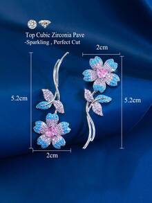 1 Pair Symmetrical Blue Turquoise And Pink Cubic Zirconia Long Flower Leaf Shape Dangle Drop Earrings For Women Daily Party Engagement - Turquoise - View 3