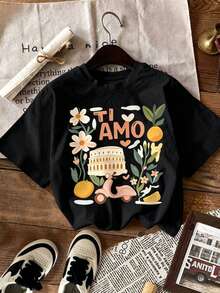 Camiseta Minimalista para Mujer con Estampado Gráfico "AMOUR", Manga Corta, Cuello Redondo, Casual, Negro/Blanco, Estilo Francés, Top de Moda Diaria - Negro - Ver 1