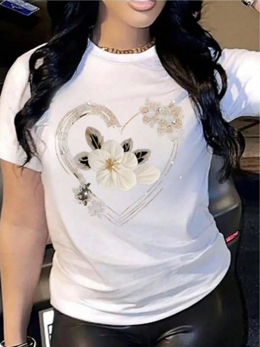 BLANCA Luxury Women's T-Shirt With Floral And Heart Print, Combining Petals And Hearts With Gold Details, A Delicate Shiny Heat Transfer Print And An Elegant Short Sleeve Design. - 白色 - 查看 1