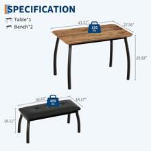 Conjunto de comedor industrial de 3 piezas para 4 personas – Estructura de metal resistente y superficie de madera – Incluye 2 bancos tapizados en cuero PU – Mobiliario moderno y ahorrador de espacio para comedor, cocina o restaurante – 43''x28''x30'' – Negro/Gris/Vintage - Color retro - Ver 8