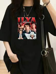 Women's Clothing: A Loose-Fitting T-Shirt With The Character's Name Printed On It, Featuring A Patchwork Pattern With Multiple Images Of The Character (Including Hockey Uniform Designs, Suits, Etc.). Men's T-Shirts, Women's Oversized T-Shirts, Y2K Women's Shirt, Casual Blouse, Elegant Blouse, - 黑色 - 查看 6