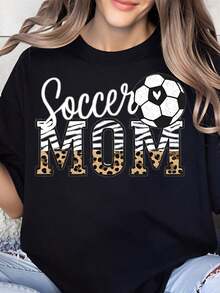 Camiseta de "Mamá Futbolista" con Diseño de Cebra y Leopardo para Mujer, Regalo para Fanáticas del Fútbol, Camiseta Casual de Cuello Redondo para el Día del Partido y Uso Diario - Negro - Ver 7