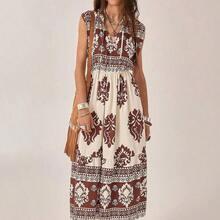 New Bohemian Vacation Dress | Sleeveless, Strategically Placed Floral Print Maxi Dress | Beach & Resort Wear | Summer Floral Dress | Mother's Day Dress | Women's Dress For All Seasons (Spring, Summer, Autumn, Winter) | Festive Occasion Wear | Casual Resort Dress | Seaside & Beach Outfit | Brown Dress | Country-Style Dress | Long Sleeveless Summer Bohemian Vacation Dress - Multicolor - Ver 6