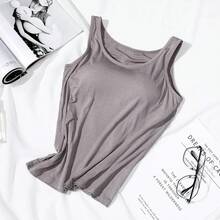 Tops de Mujer 2023 con Sujetador Incorporado, Chaleco con Cuello, Color Sólido, Acolchado, Ajustado, Camisetas sin Mangas, Camisetas Sexys, Tops Casuales Femeninos - café - Ver 13