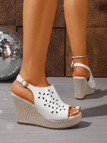 1 Pair Women's Summer Platform Wedge Sandals, Fashionable Hollow-Out Breathable Casual Strap Open Toe Shoes - White - View 5