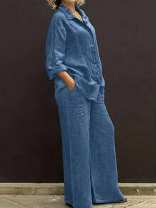 Cardigan casual con cuello polo ligero, blusa elegante de unicolor versátil adecuada para la playa, el diario, el trabajo, las compras, de tela suave, pantalones sueltos con cintura elástica, conjunto de 2 piezas, primavera/verano/otoño - Azul - Ver 6
