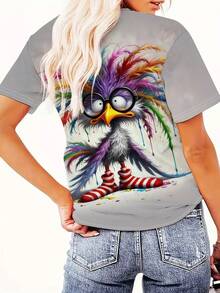 Camiseta manga corta cuello redondo 100% algodón, estampado trendy, tejido ligero y ventilado, estilo moda casual, apta para vida diaria, salidas informales y citas en primavera, verano y otoño - Gris Claro - Ver 2