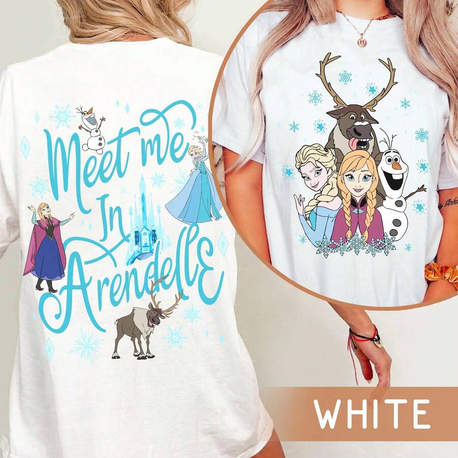 Two Sided Elsa Anna Olaf Sven Meet Me In Arendelle ComfortColors Shirt, Retro Frozen Disney Washed T-Shirt, Magic Kingdom, Disneyland Trip Disney Oversized T-Shirt - trắng - Xem 1