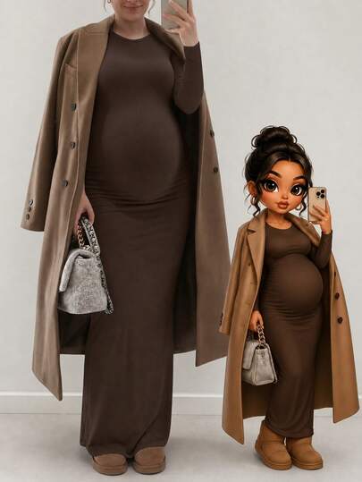 Maternity Solid Color Round Neck Long Sleeve Fitted Casual Dress Spring
