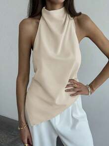 Blusa de mujer de unicolor con cuello halter, pliegues y bajo asimétrico - Beis - Ver 6