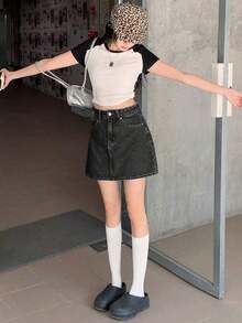 Falda vaquera casual de unicolor con bolsillos para mujer - Gris Oscuro - Ver 2