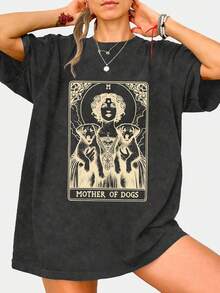 Vintage Washed T-Shirt With "Mother Of Dogs" Print For Women - Retro Pet Owner Clothing, Soft Crew Neck For Dog Lovers, Machine Washable, Casual Outfit - 黑色 - 查看 3