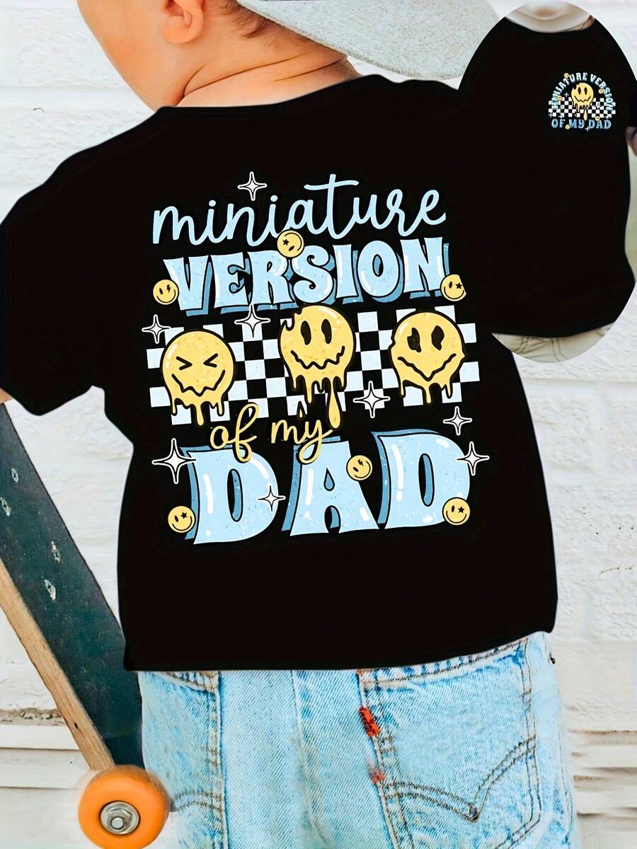 1 pieza de camiseta de manga corta para niño, estilo veraniego - VERSIÓN MINIATURA DE MI PADRE, estampado a doble cara, top casual, 180g, 100% algodón. - Negro - Ver 1