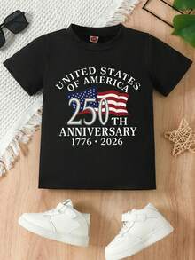 1 camiseta para el 250º aniversario de los Estados Unidos, que se celebra el 4 de julio de 2026, marcando el 250º cumpleaños de la América. Esta camiseta temática está disponible para niñas en negro o blanco, con cuello redondo, mangas cortas y corte regular, perfecta para cualquier temporada. 180g 100% algodón. - Negro - Ver 2