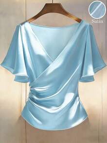 Blusa de satén elegante, blusa de manga corta, blusa de cuello en V, blusa de uso diario - Azul - Ver 5