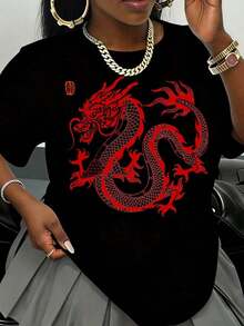1 pieza Camiseta con estampado de dragón rojo para mujer, top casual de manga corta, diseño de criatura mítica china, ropa de moda, 220g180g Algodón 100%. - Negro - Ver 3