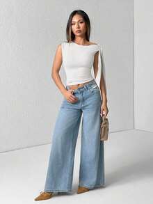 Top de hombro asimétrico con tirantes de atar de unicolor para mujer - Blanco - Ver 6
