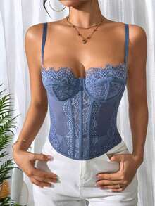 1 pieza Parte superior corta ajustada con adorno de encaje para mujer, top corset ajustado y sexy, adecuado para fiesta, viaje, reunión, Navidad, San Valentín, verano casual negro - Azul - Ver 10