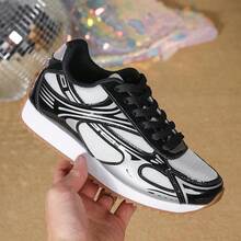 Black & White Striped Design Sneakers, Soft Sole Non-Slip Durable, Suitable For Work, Shopping, Running, Daily Wear - Black and White - View 7