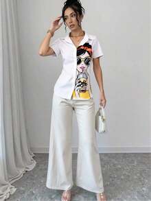 Blusa de mujer con estampado de chica de moda, manga corta y abotonadura, top de manga corta - Blanco - Ver 3