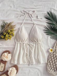 Blusa sin mangas con cuello halter y lazo en la espalda, adecuada para el verano - Blanco - Ver 6