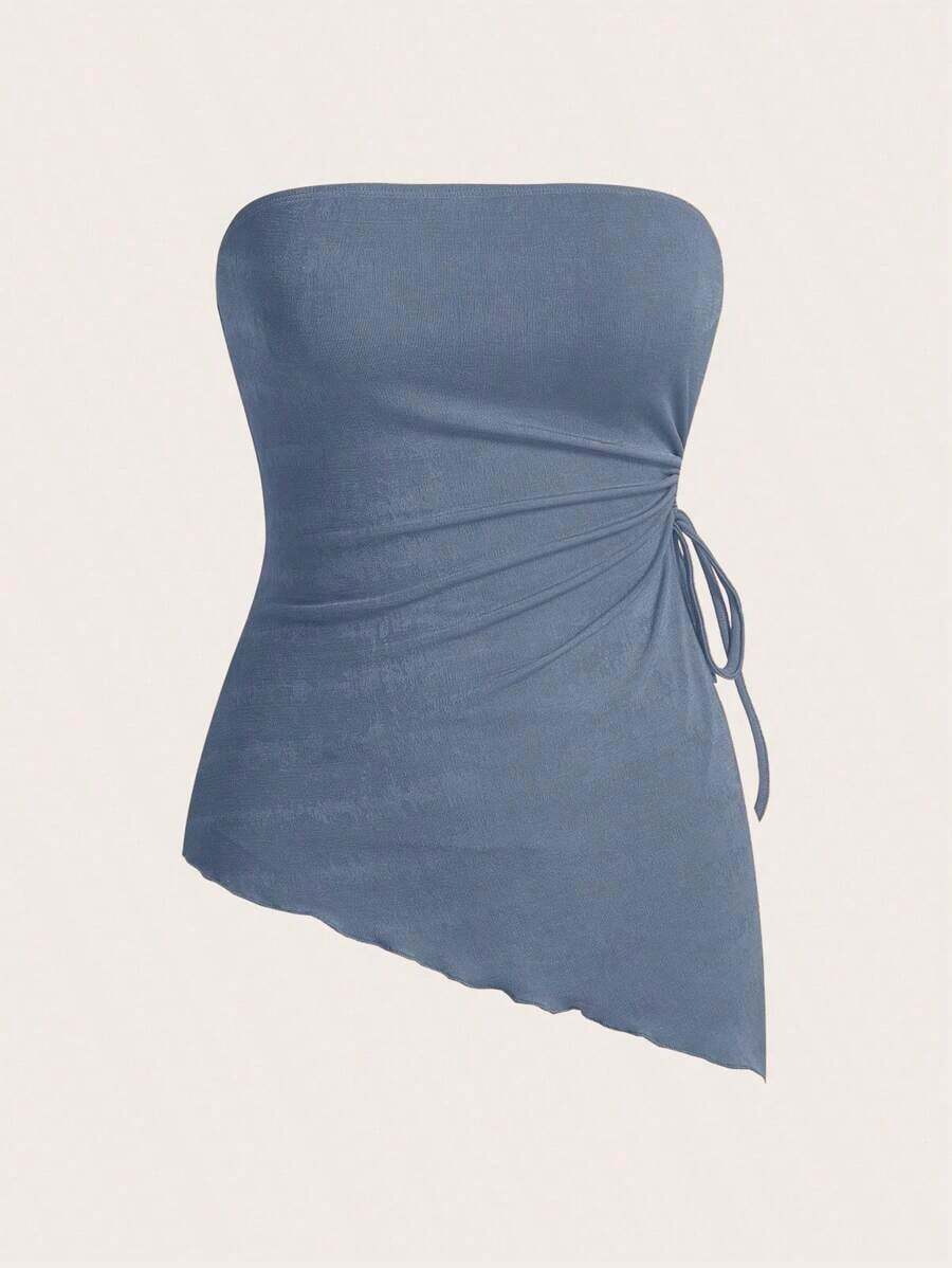 Blusa negra tubo con recogido en la cintura, bajo asimétrico y atado a los lados - Niebla azul - Ver 1