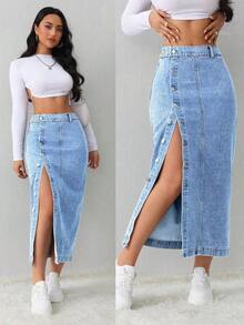 Tall Falda vaquera de mujer, casual, suelta, con abertura lateral, falda midi azul, falda larga para mujeres, falda azul claro, falda azul, ropa de invierno para mujer - Lavado ligero 3 - Ver 1