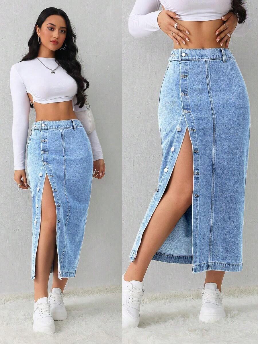 Tall Falda vaquera de mujer, casual, suelta, con abertura lateral, falda midi azul, falda larga para mujeres, falda azul claro, falda azul, ropa de invierno para mujer - Lavado ligero 3 - Ver 1