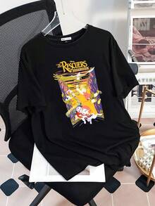 Graphic Depicting An Adventure Scene With Brave Characters Flying On An Eagle, Symbolizing Teamwork And Hope. Comfortable, Soft, And Breathable Short-Sleeved Women's T-Shirt, Ideal For Everyday Wear. - 黑色 - 查看 3