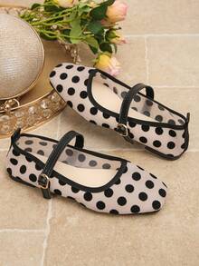 Women's Shoes, Size 35-43, Spring/Autumn New Arrival, Square Toe, Color Block, Fashion Ballet Shoes, Mesh Patchwork Mary Jane Shoes, Versatile For Commute, Office, Comfortable And Elegant Sandals With Rubber Sole And Mesh Overlay - Mesh Bottom - Large Black Dots - View 7