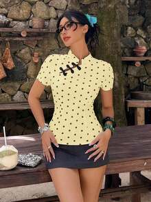 Blusa de cuello Mao de manga corta con cintura ceñida, estilo chino nuevo en color albaricoque, nuevo diseño de primavera/verano para mujer - Amarillo claro - Ver 7