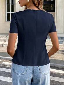 Camisa de unicolor sin mangas con cuello, top de estilo vintage retro para oficina - Azul marino - Ver 7