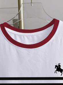 Camiseta de mujer de cuello redondo con estampado casual de caballero en patchwork, para verano - Blanco 4 - Ver 3
