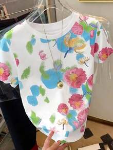 Nuevo estilo de gran , camiseta de mujer de manga corta con rayas decoradas con strass de estilo retro americano, adecuada para ir a la escuela, de compras y salir con amigas por la calle, y versátil en primavera y verano - Multicolor 6 - Ver 1