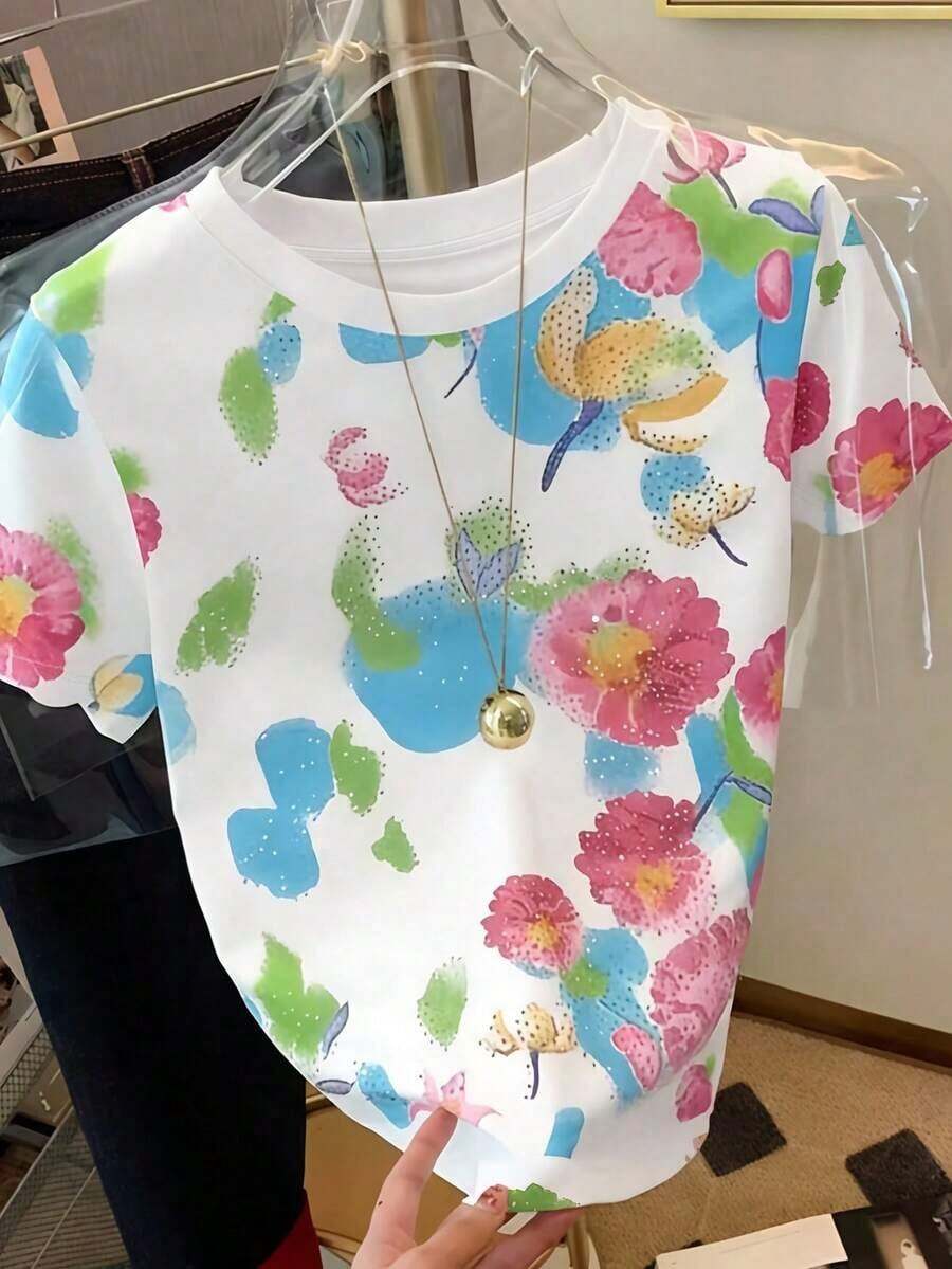 Nuevo estilo de gran , camiseta de mujer de manga corta con rayas decoradas con strass de estilo retro americano, adecuada para ir a la escuela, de compras y salir con amigas por la calle, y versátil en primavera y verano - Multicolor 6 - Ver 1