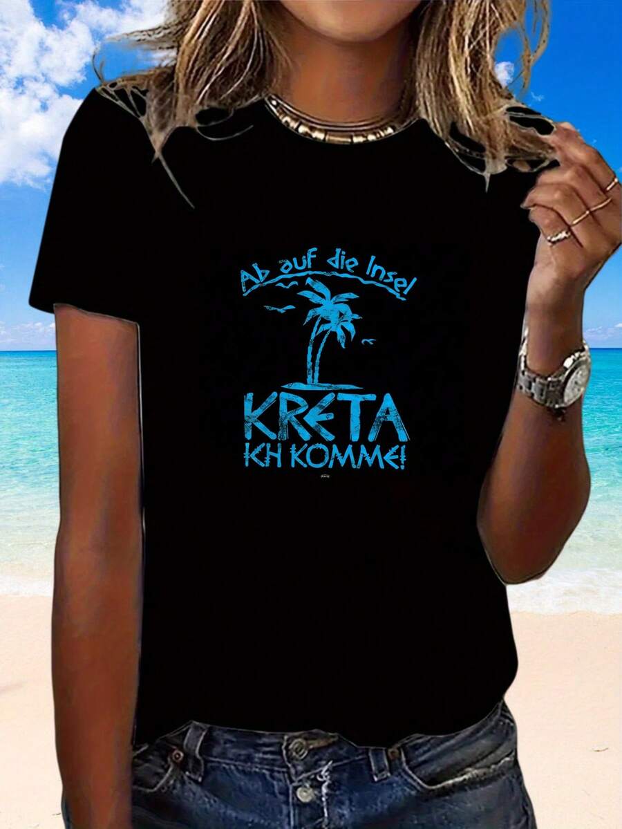 Camiseta de mujer estilo Y2K "AB AUF DIE INSEL KRETA ICH KOMME", 1 pieza, camiseta mediterr£nea, top de manga corta con estampado gr£fico, regalo de cumplea￱os