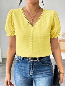 Blusa de gasa con estampado de lunares francés de moda para mujer, diseño elegante y elegante de manga corta con volantes para el verano - Amarillo - Ver 4
