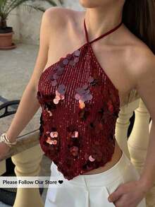Top halter con espalda descubierta y lentejuelas sexy para mujer, atuendos de verano, ropa de verano, atuendos de playa para mujer, atuendos de vacaciones, atuendos bohemios tropicales de vacaciones para mujer, atuendos de concierto, atuendos de ra - Burdeos - Ver 8