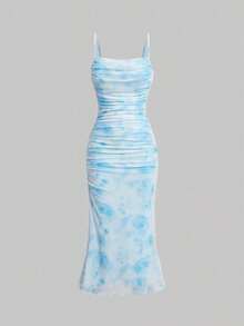 Vestido de mujer con estampado floral vintage, bloques de color, tirantes de hombro y pliegues en la cintura - Azul - Ver 1