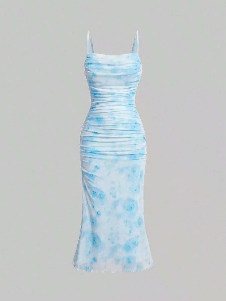 Vestido de mujer con estampado floral vintage, bloques de color, tirantes de hombro y pliegues en la cintura - Azul - Ver 1